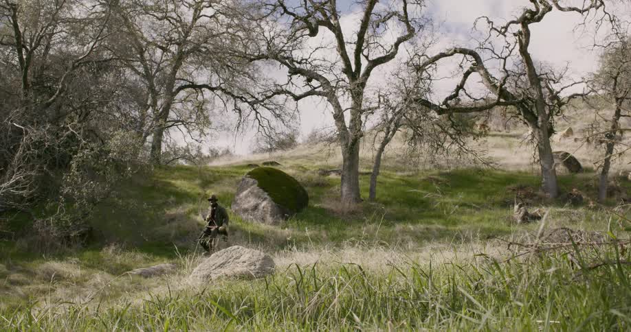 A male carrying equipment is walking on grass near rocks and trees