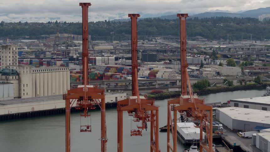 Loading cranes loom over a port in a major city