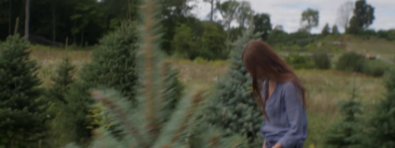 A woman walking on a tree farm