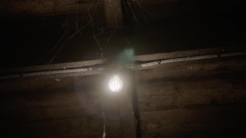 A bare light bulb shines from cobwebbed wooden rafters