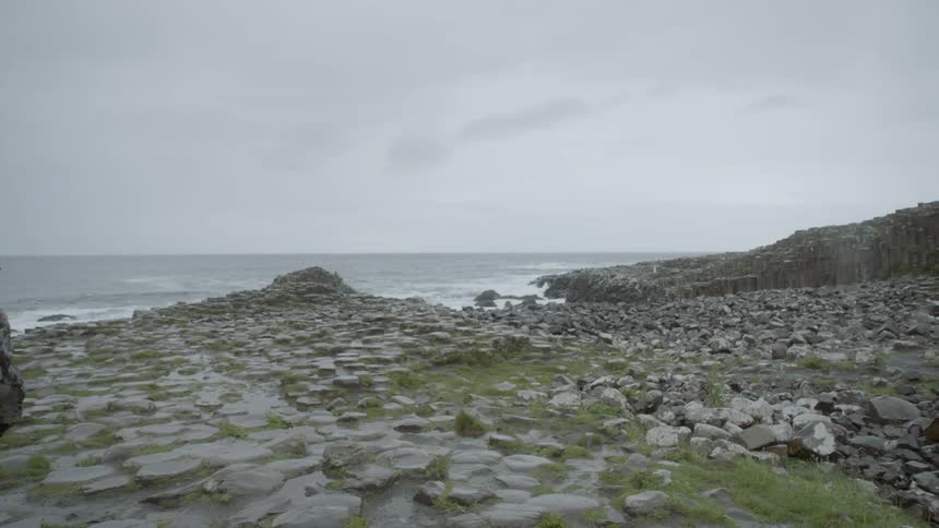 Boulders rocks and grass along the ocean shore on a gray cloudy day