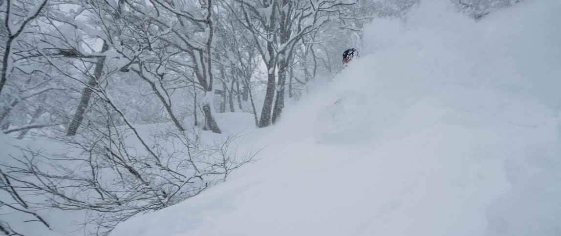A person skiing down a mountain in a forest