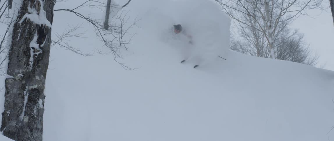 A person skiing downhill in snow with trees in the background
