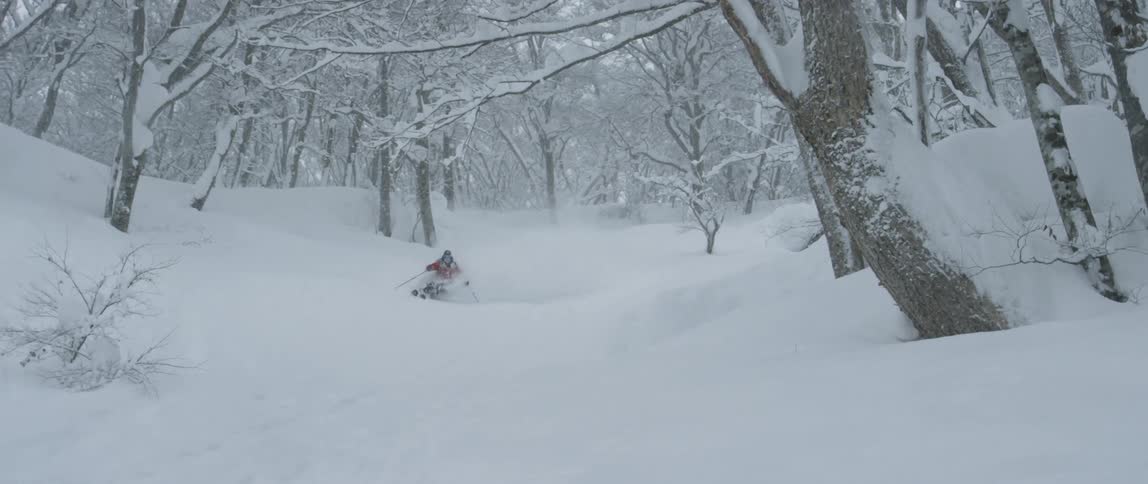 A person with a red coat skiing down a slope
