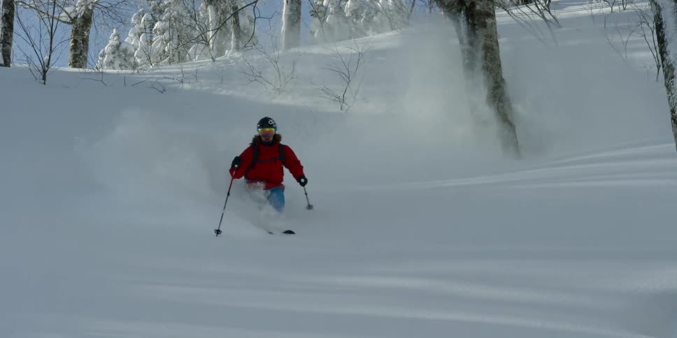 A skier in a red jacket and blue pants skis down a hill through fresh snow