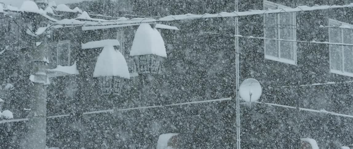 Snow storm collecting on buildings and lights