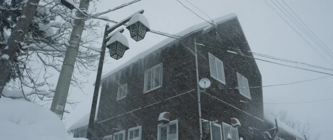 Snow falls near a house and power lines during a blizzard