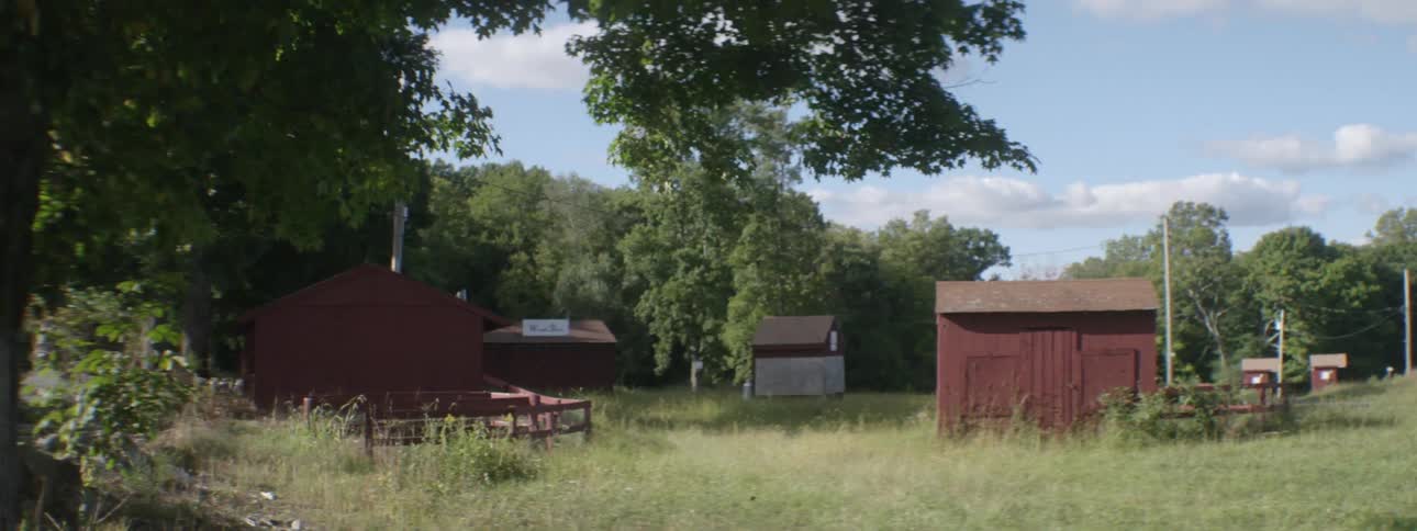 Red buildings surrounded by grass and trees