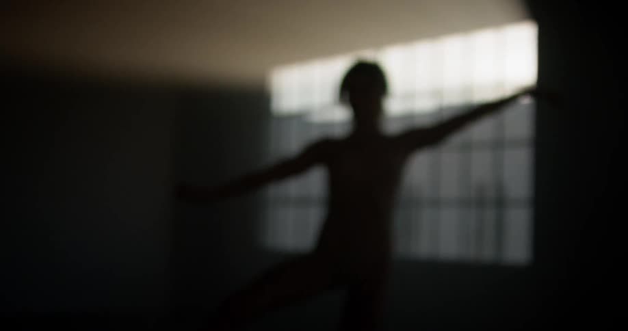 A woman dances in an a sunbeam shining through a window