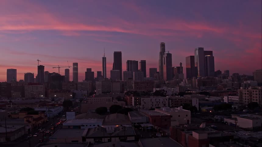 Skyline view of a city at dusk