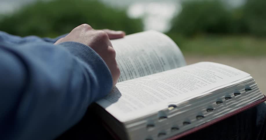 A person sitting outdoors reading a bible