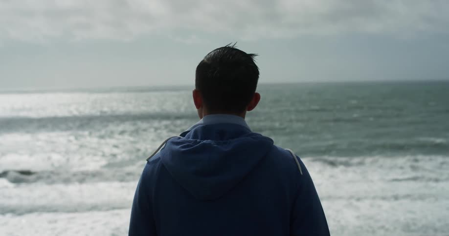 A man in a blue jacket stands on a beach overlooking an ocean