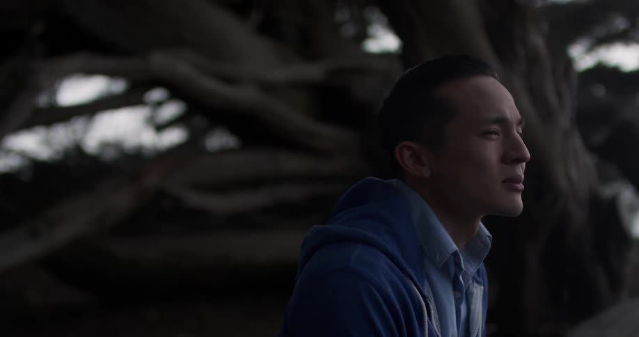 A young asian man contemplating while sitting in front of a giant tree