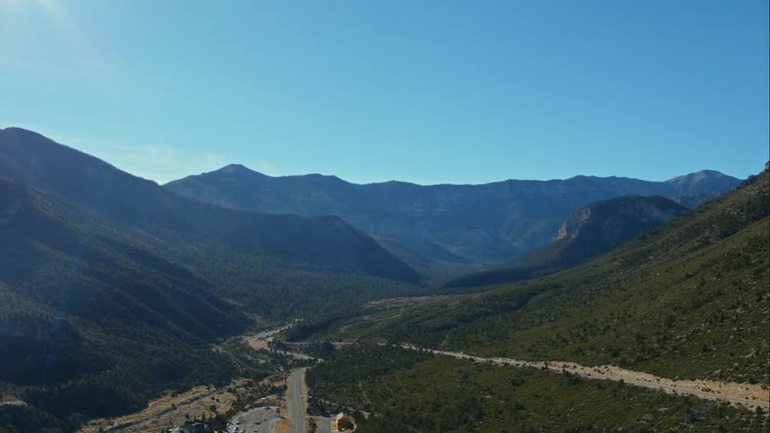 An aerial view of part of a small town in a valley