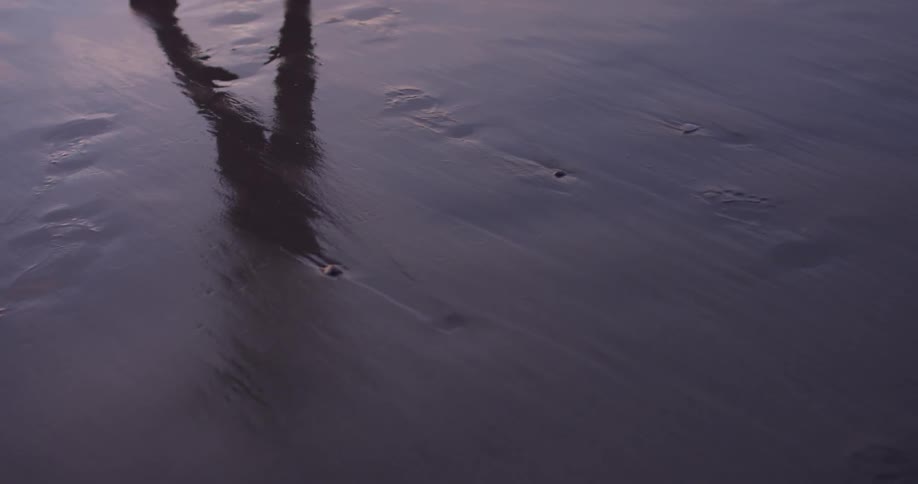 Woman walks barefoot along wet sand beach reflecting her body at sunset