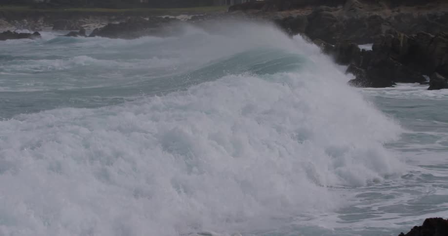 A large wave rolling into a coast during the day