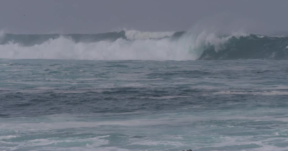 A large wave in the ocean comes crashing down