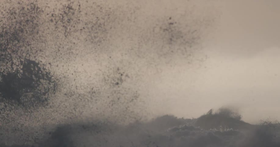 Waves crash against the shore while seagulls fly over distantly at dusk