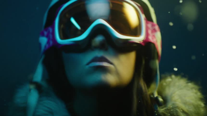A slowly focused view of a woman wearing skiing headgear while it snows