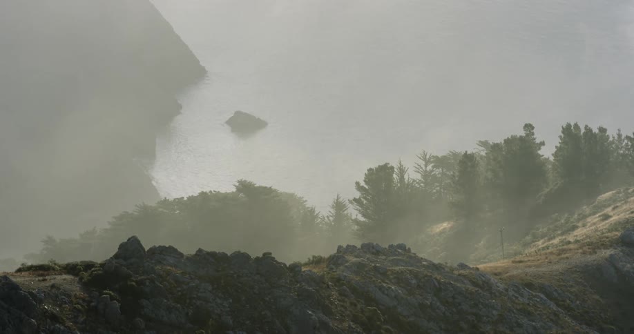 A forested mountain top sits high above the coastline where through the haze steep coastal cliffs lead to the ocean water