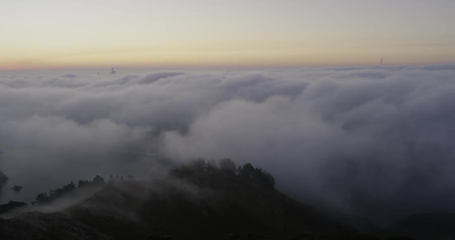 A thick bank of fog sits over a suspension bridge