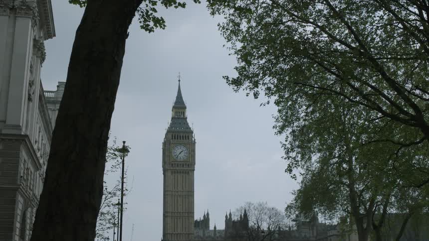 A tree lined street with big ben against a cloudy sky