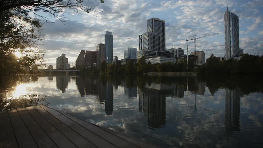 City skyline view across lake