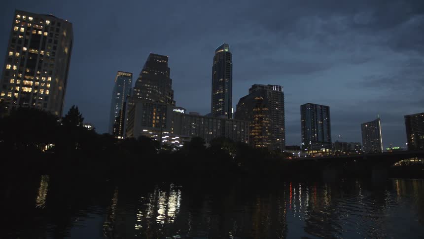 A city skyline at night