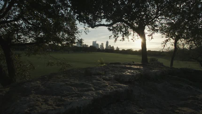 A scenery in a city park at dawn