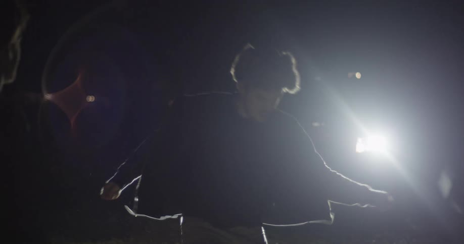 Car headlights illuminate a group of people dancing at night