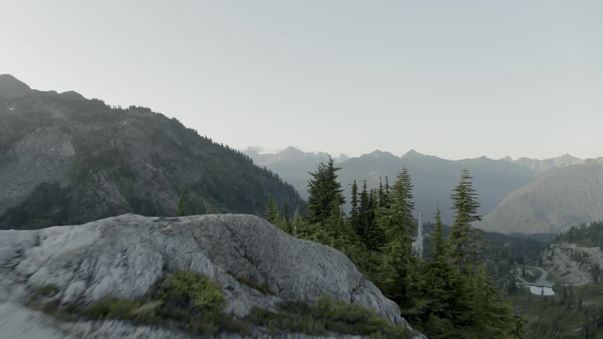 Skimming along trees and shrubs of a mountainside ledge to reveal a deep valley below