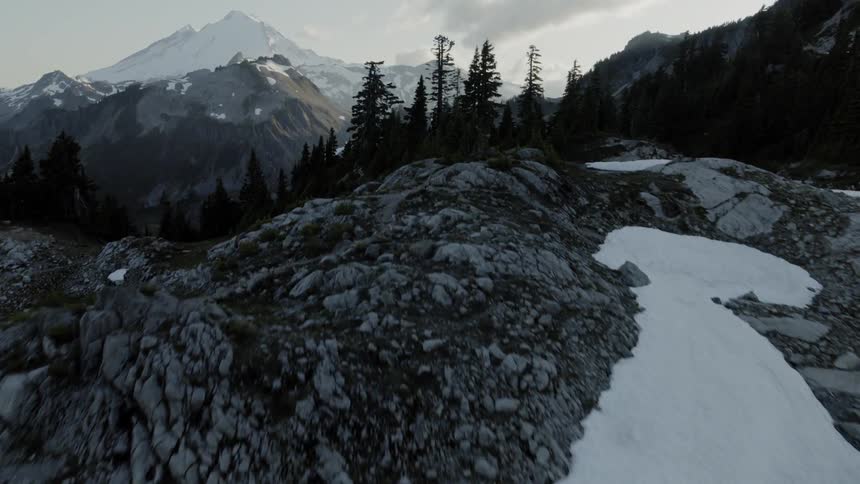 Traversing over a rugged landscape of rock fields and alpine trees to reveal a looming mountain range in the distance