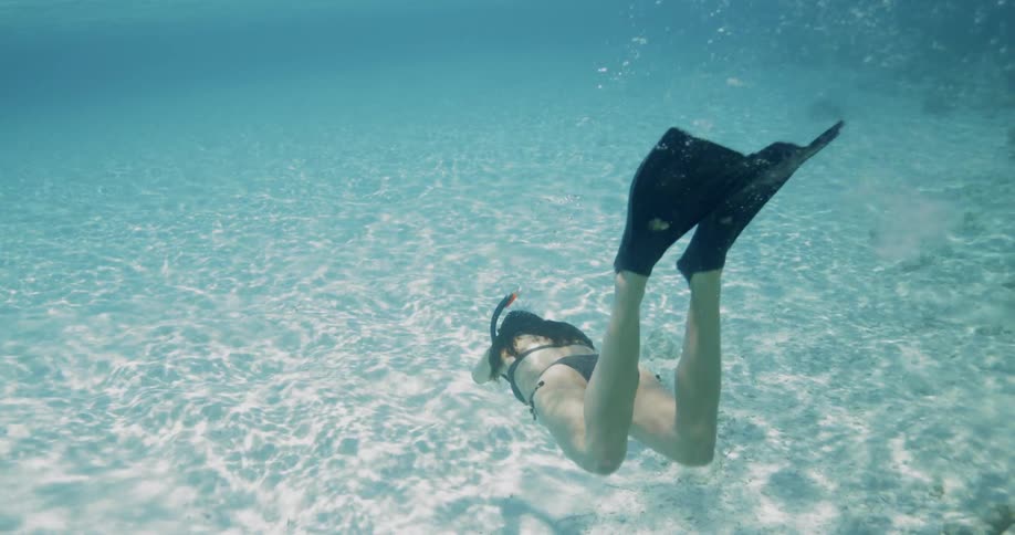 A woman wearing flippers and snorkel swims to the seabed in shallow open water