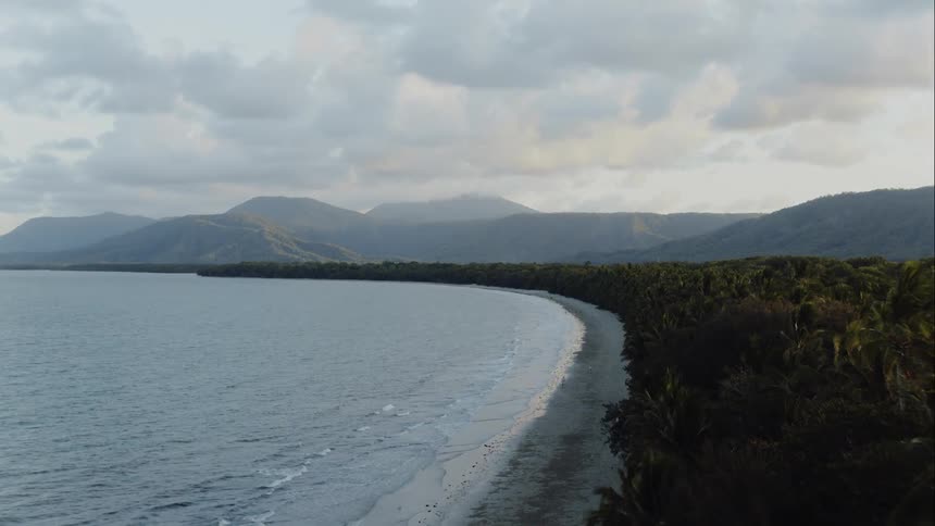 Mountains give way to a thick forest that ends near a beach