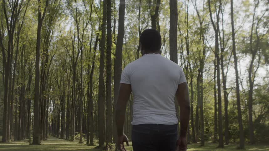 A black man walking through a woodland on a sunny day