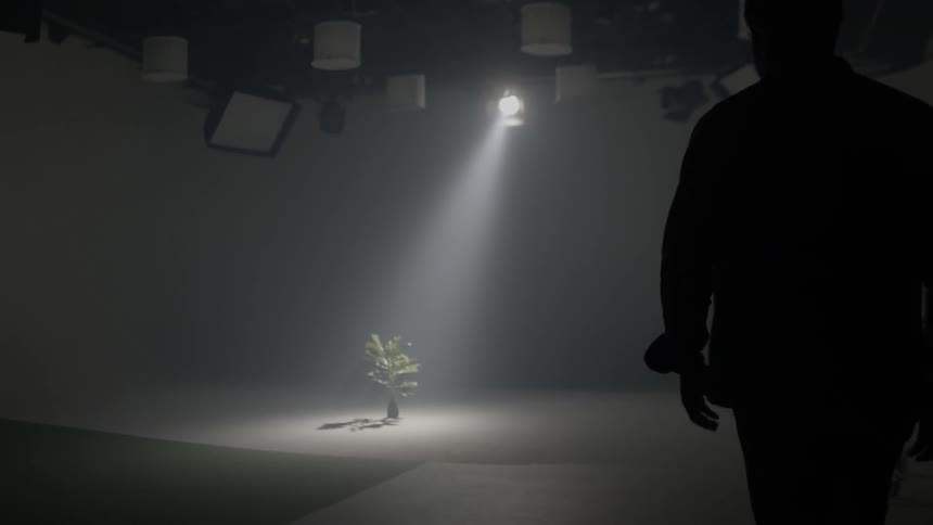 A man walks towards a plant sitting in a dark room
