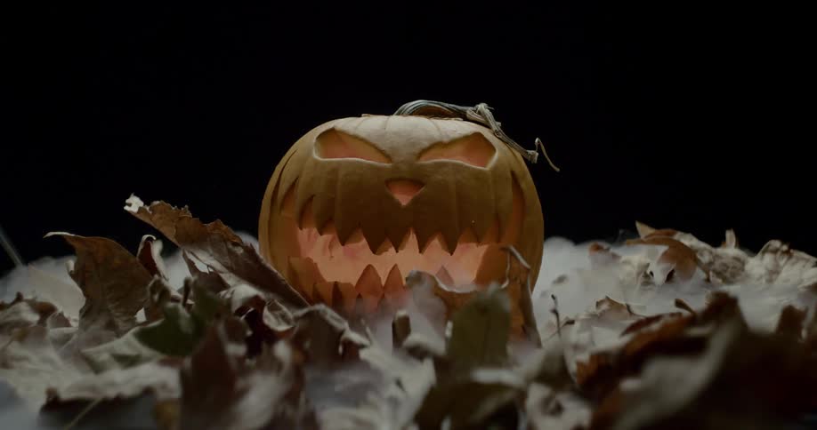 Autumn leaves fall on a jack olantern while mist swirls around