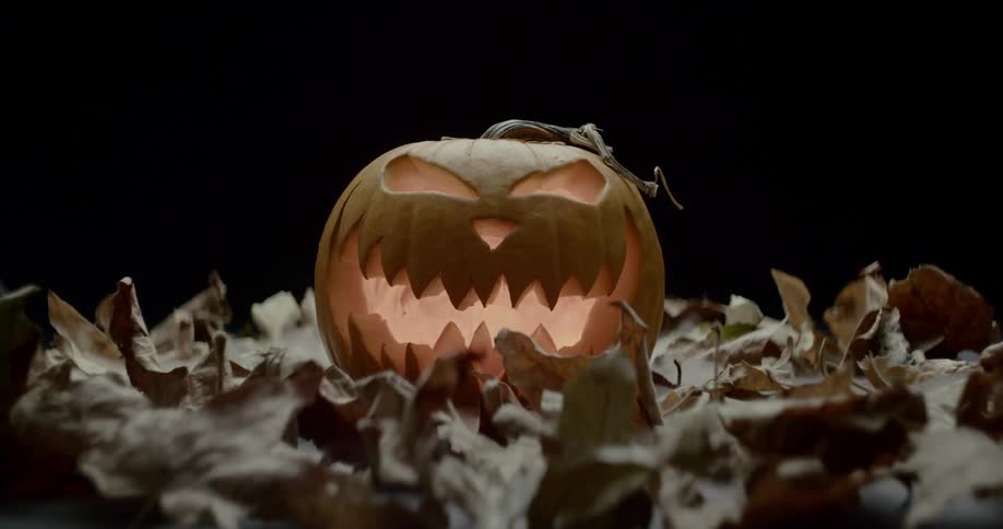 A decaying jack o lantern sits in a pile of leaves