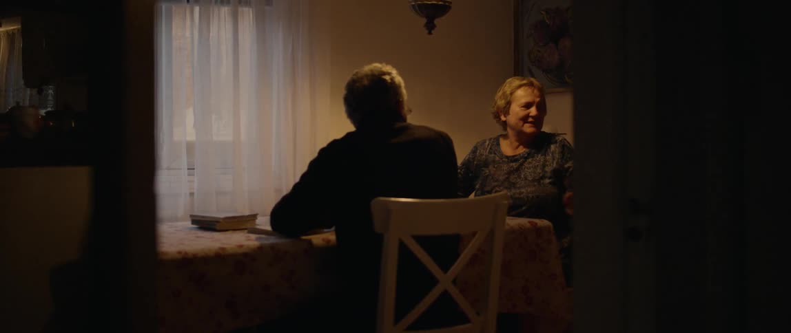 Old man and woman sit at the table and have a chat in the dining room
