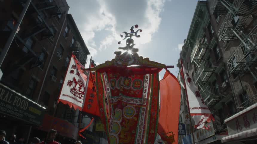 Chinese new year flags waving on a city street