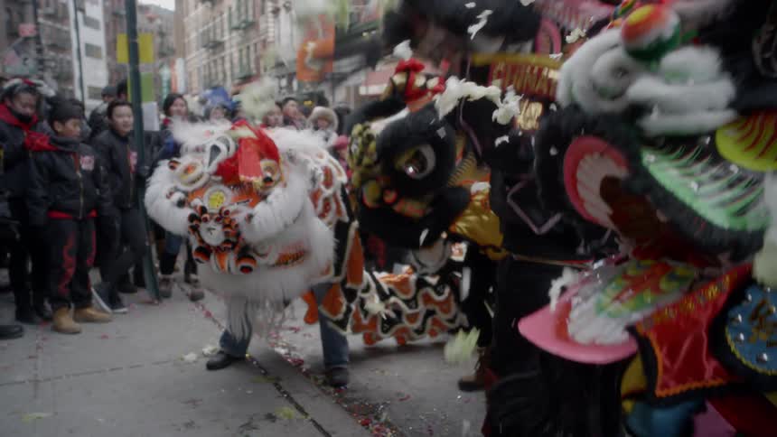 A crowd watches as people in costumes perform