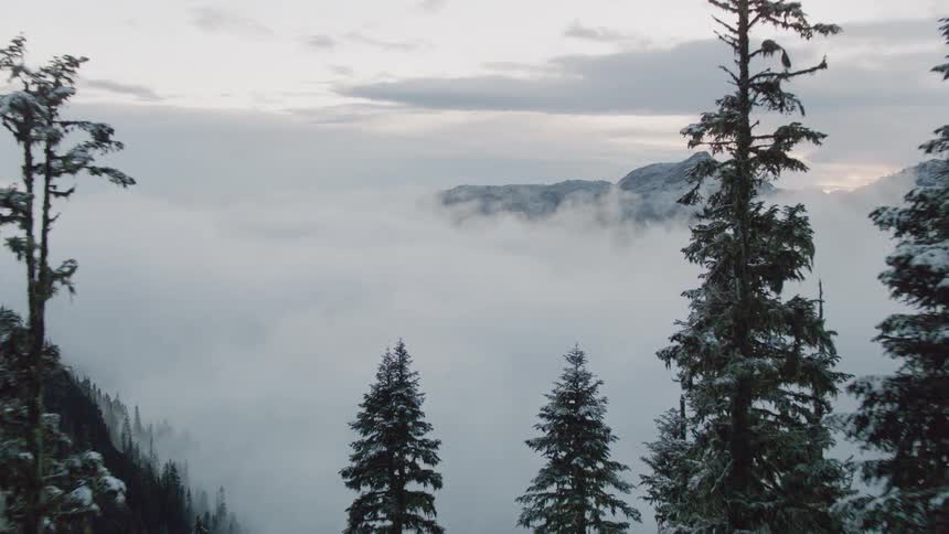 Fog obscuring a valley in snowy mountain