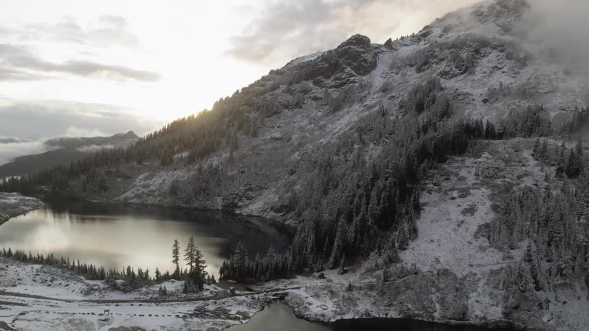 An aerial shot of a lake in winter