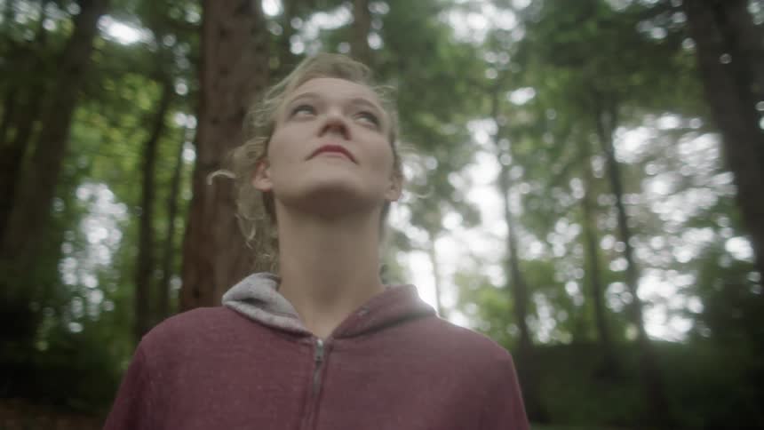 A white female wearing a maroon hooded sweatshirt stands in a forest looking up at the tops of the trees