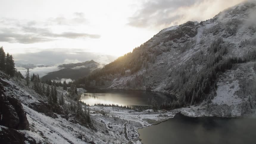 Serene mountain lakes at the foot of snow dusted slopes