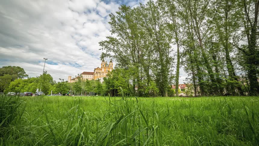 Clouds pass over buildings and trees and grass in a park