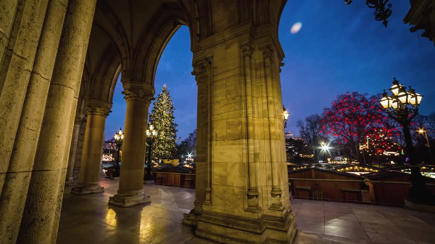 A monument with pillars and arches with a christmas tree in the background