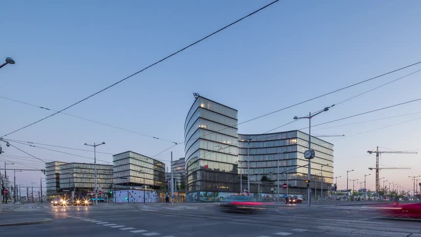 A busy intersection in a city