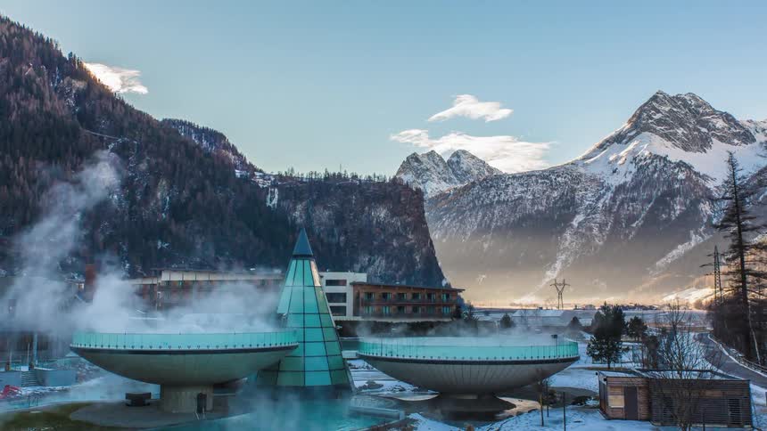 Hot springs in a snowy mountainous area