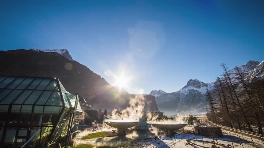 A hot spring in a snowy mountain region